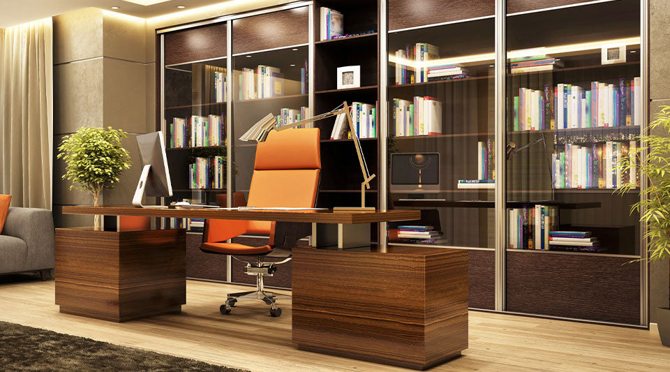 Elegant Executive Office furnished with an Adjustable Desk and Ergonomic Office Chair