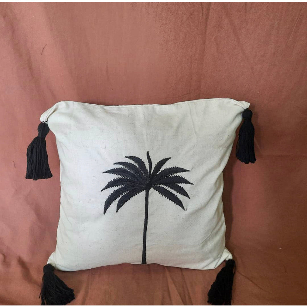 Palm Tree Embroidered Square Throw Pillow with Tassels - Your Home, Refurnished